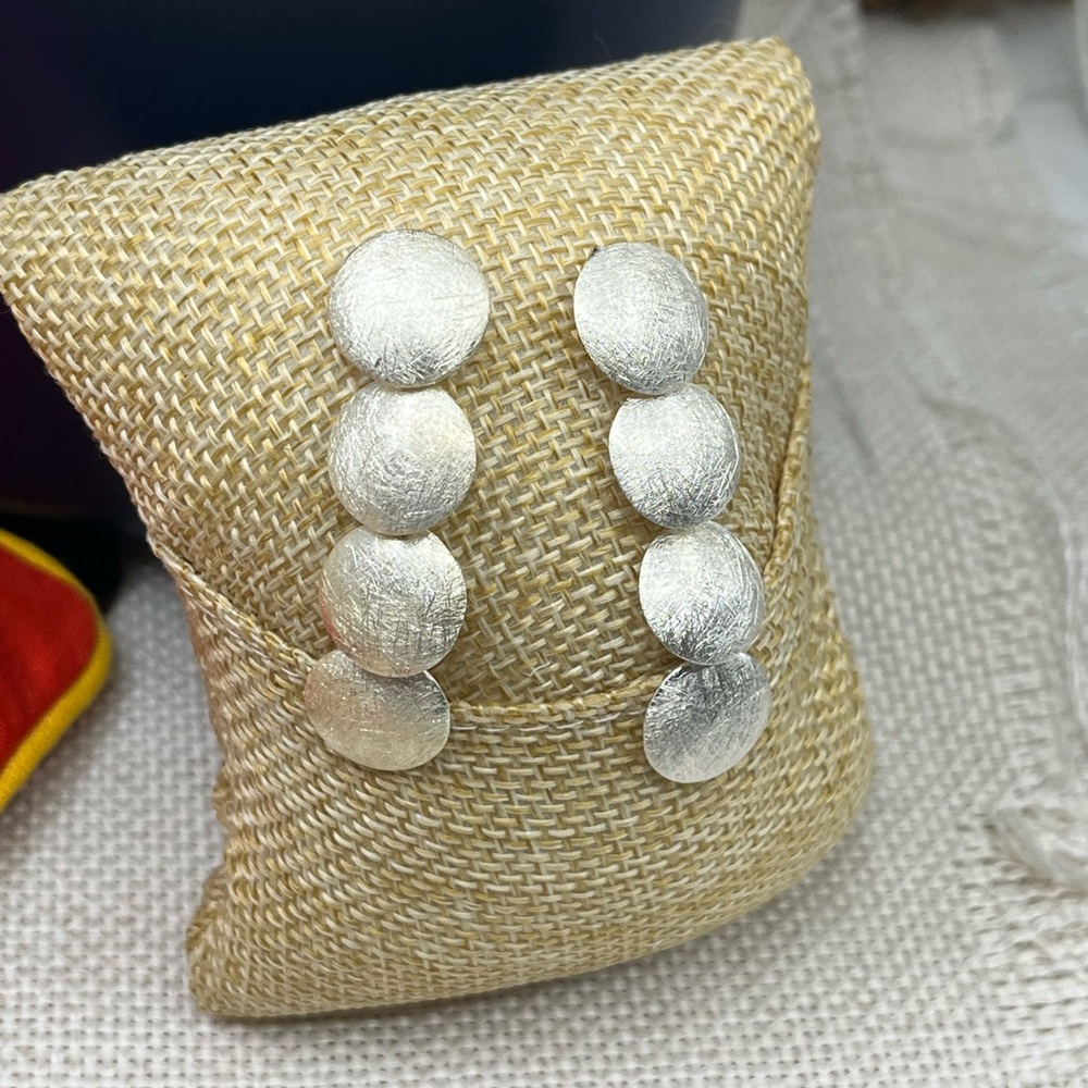 Vintage Brushed Satin Disc Sterling Silver 925 Dangle Stud Earrings - Picture 6 of 16